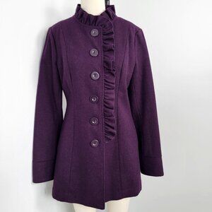 Tulle Plum Purple Wool Blend Ruffle Collar 6 Button Fit & Flare Mod Pea Coat